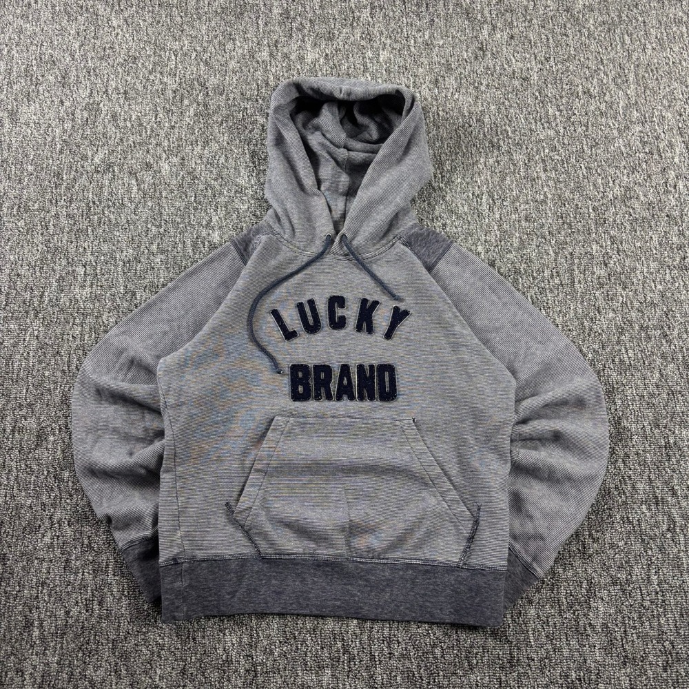 Y2K Lucky Brand Hoodie Striped Spell Out Logo Sweatshirt Blue Grey Size Medium